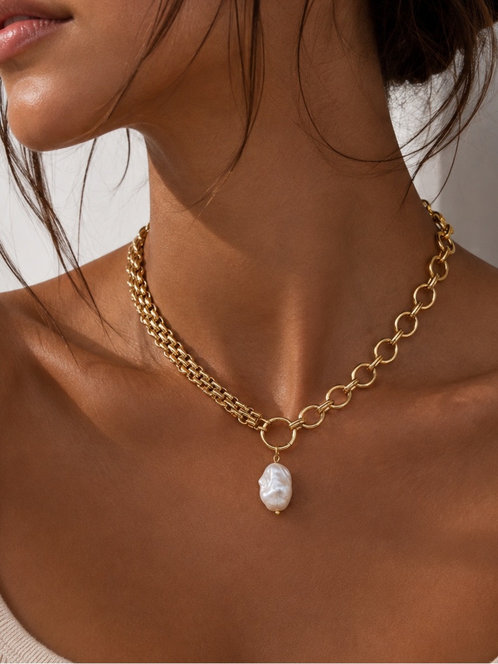 18K Gold Plated Baroque Pearl Chunky Chain Necklace